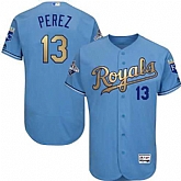 Glued Kansas City Royals #13 Salvador Perez Light Blue FlexBase 2015 World Series Champions Gold Program Baseball Jersey,baseball caps,new era cap wholesale,wholesale hats